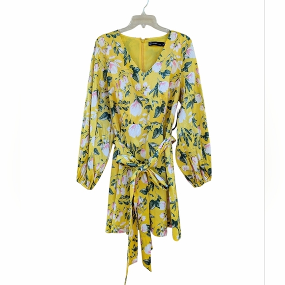 NY & Co Floral-Print Balloon-Sleeve Belted Dress NWT Yellow - Picture 4 of 7